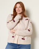 Oatmeal/Dark Red $|& Bobeau Cherries Button Front Soft Airy Yarn Cardigan - SOF Front