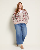 Oatmeal/Burgundy $|& Bobeau Floral Jacquard Poly Wool Blend Cardigan - UGC On Fig