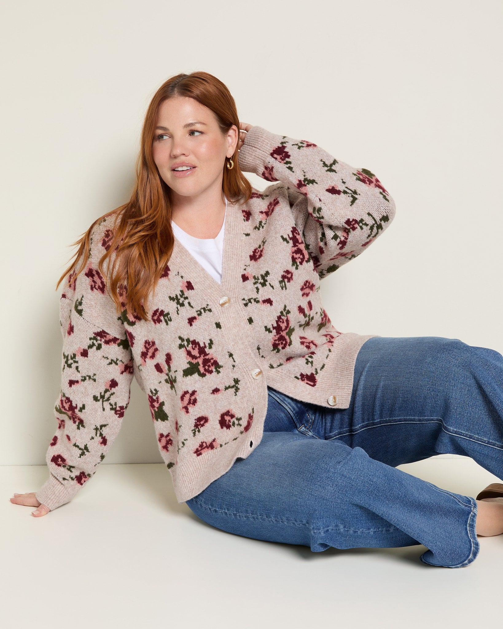 Oatmeal/Burgundy $|& Bobeau Floral Jacquard Poly Wool Blend Cardigan - SOF Front