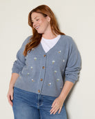 Dusty Blue/White $|& Bobeau Floral Embroidery Button Up Cardigan - SOF Front