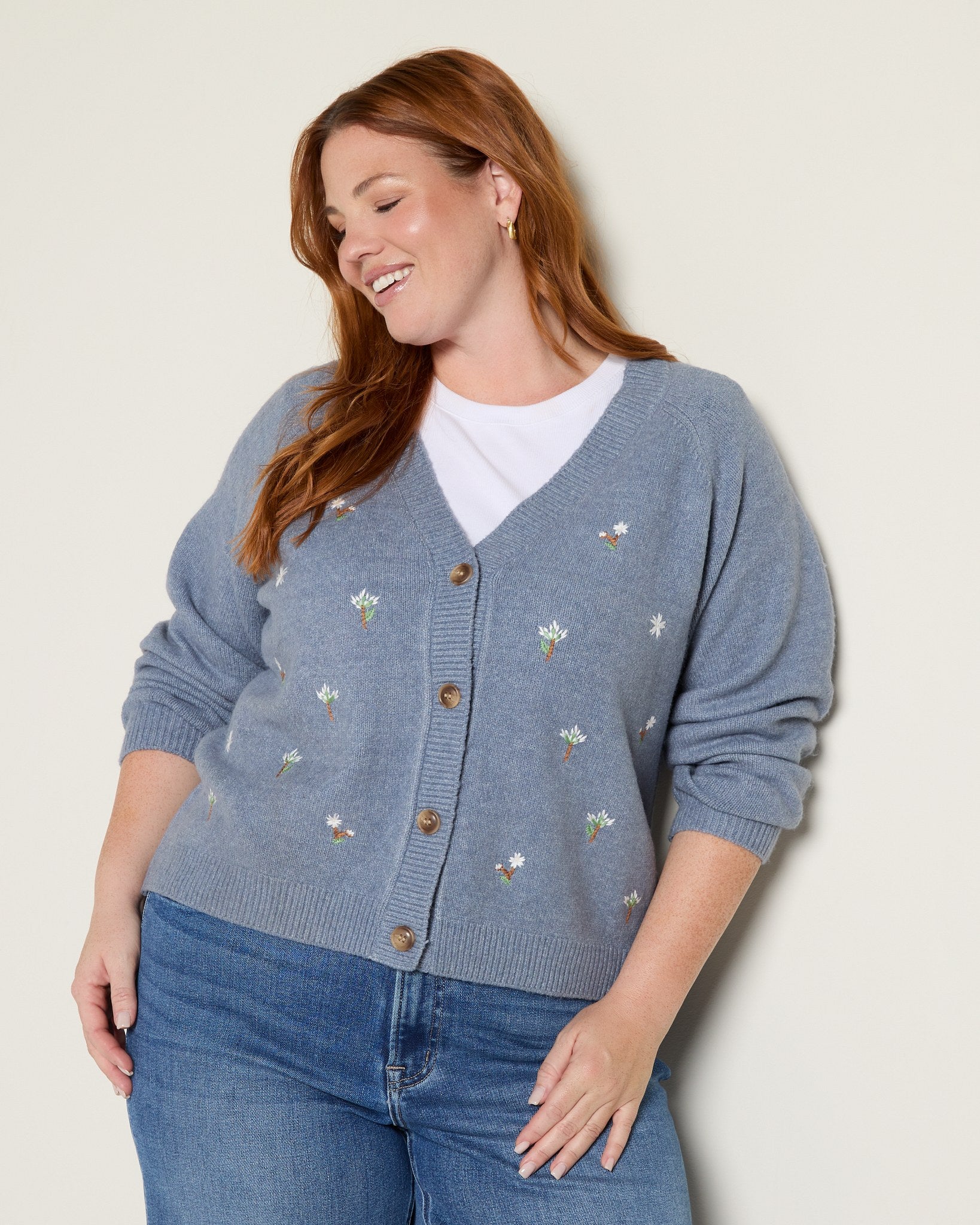 Dusty Blue/White $|& Bobeau Floral Embroidery Button Up Cardigan - SOF Front