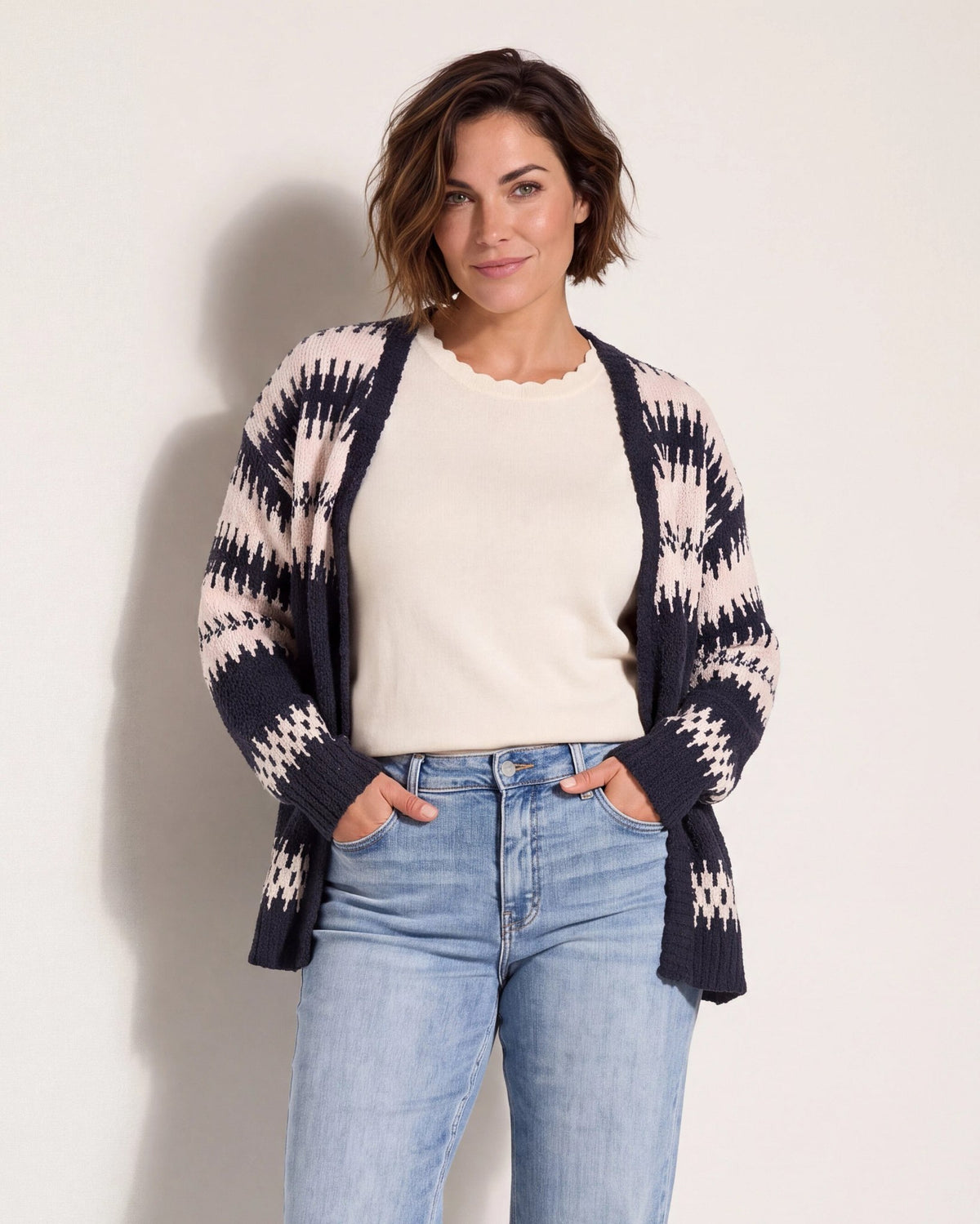 Charcoal/Cream/Light Pink $|& Bobeau Popcorn Fair Isle Cardigan - SOF Front