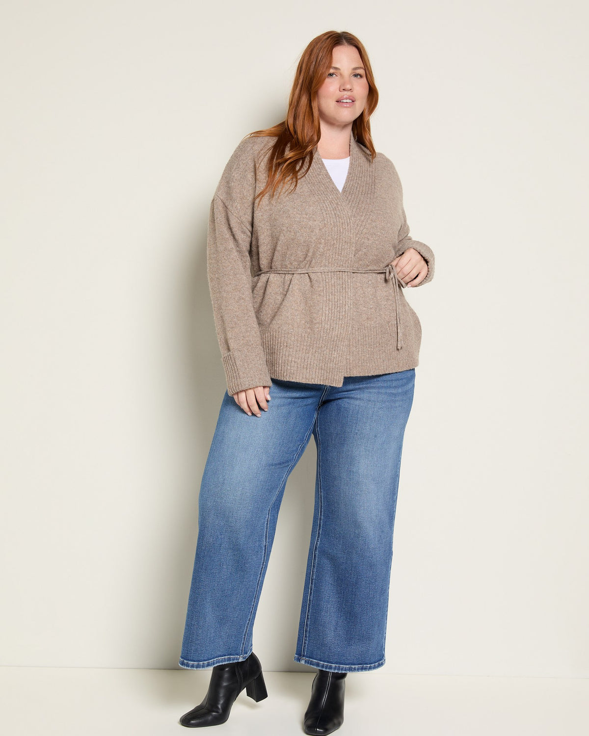 Heather Taupe $|& Bobeau Tie Front Cardigan - UGC On Fig
