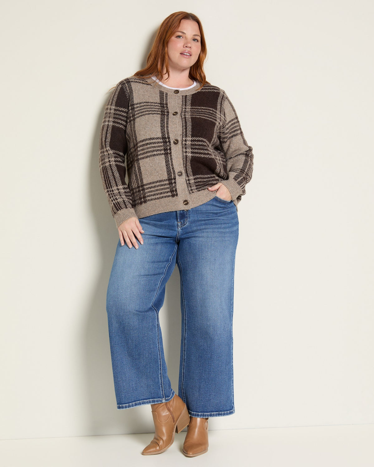 Taupe/Brown Combo $|& Bobeau Plaid Button Front Cardigan - UGC On Fig