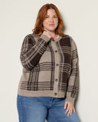 Taupe/Brown Combo $|& Bobeau Plaid Button Front Cardigan - SOF Front