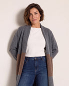 Charcoal/Camel $|& Bobeau Long Shawl Neck Cardigan - SOF Full Front