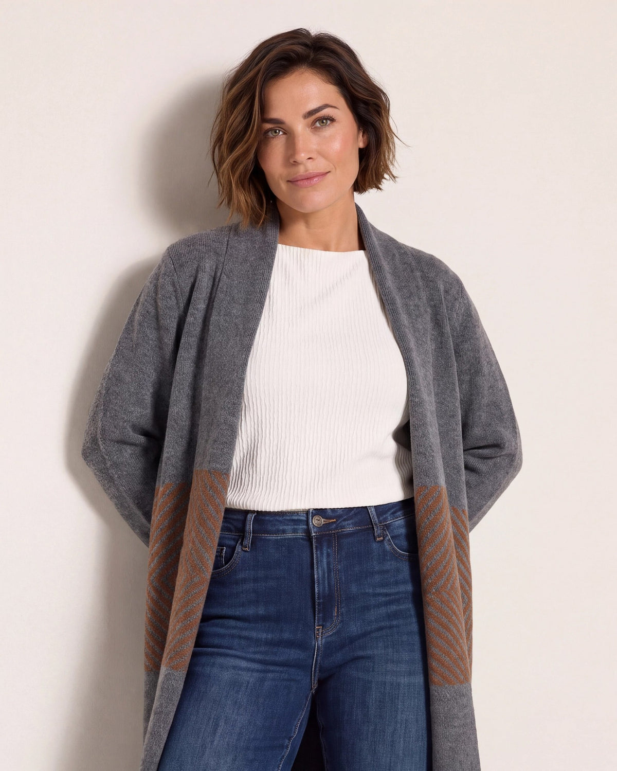 Charcoal/Camel $|& Bobeau Long Shawl Neck Cardigan - SOF Full Front