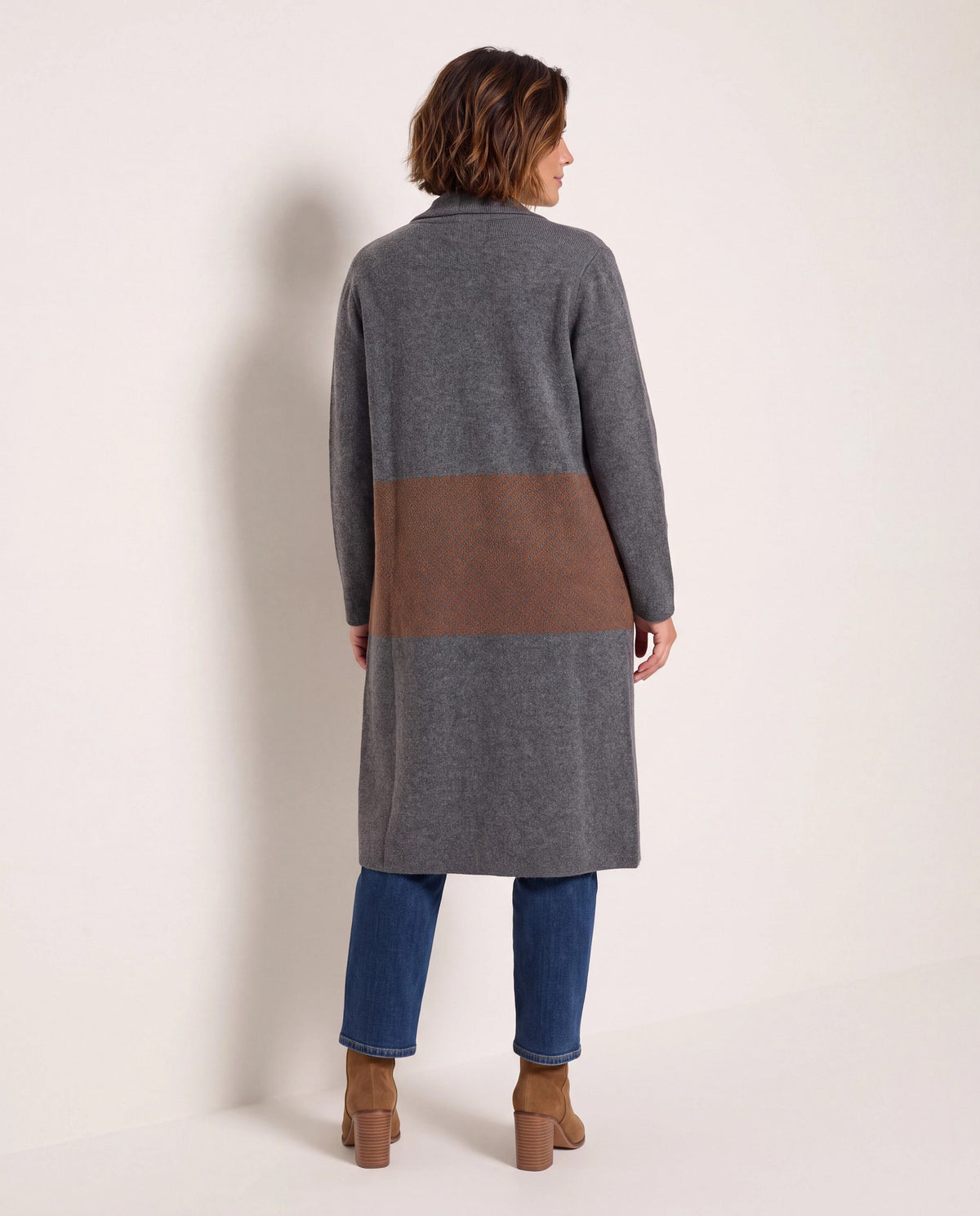 Charcoal/Camel $|& Bobeau Long Shawl Neck Cardigan - SOF Back