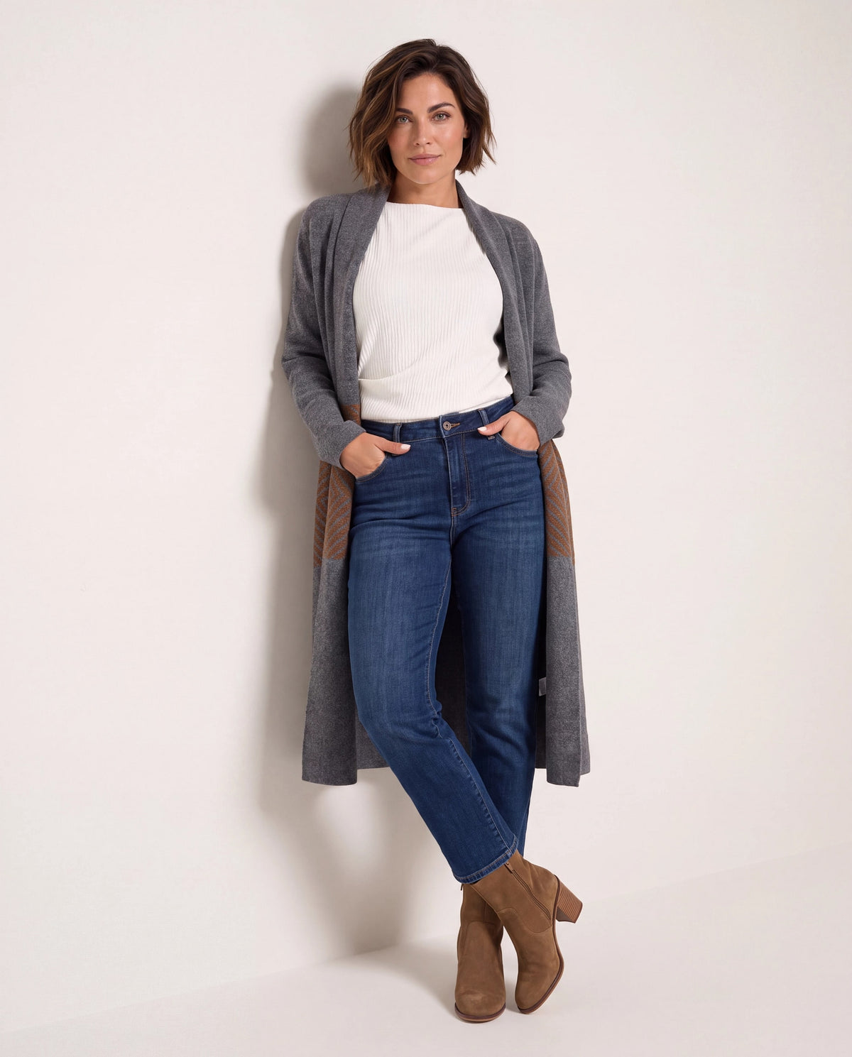 Charcoal/Camel $|& Bobeau Long Shawl Neck Cardigan - SOF Front