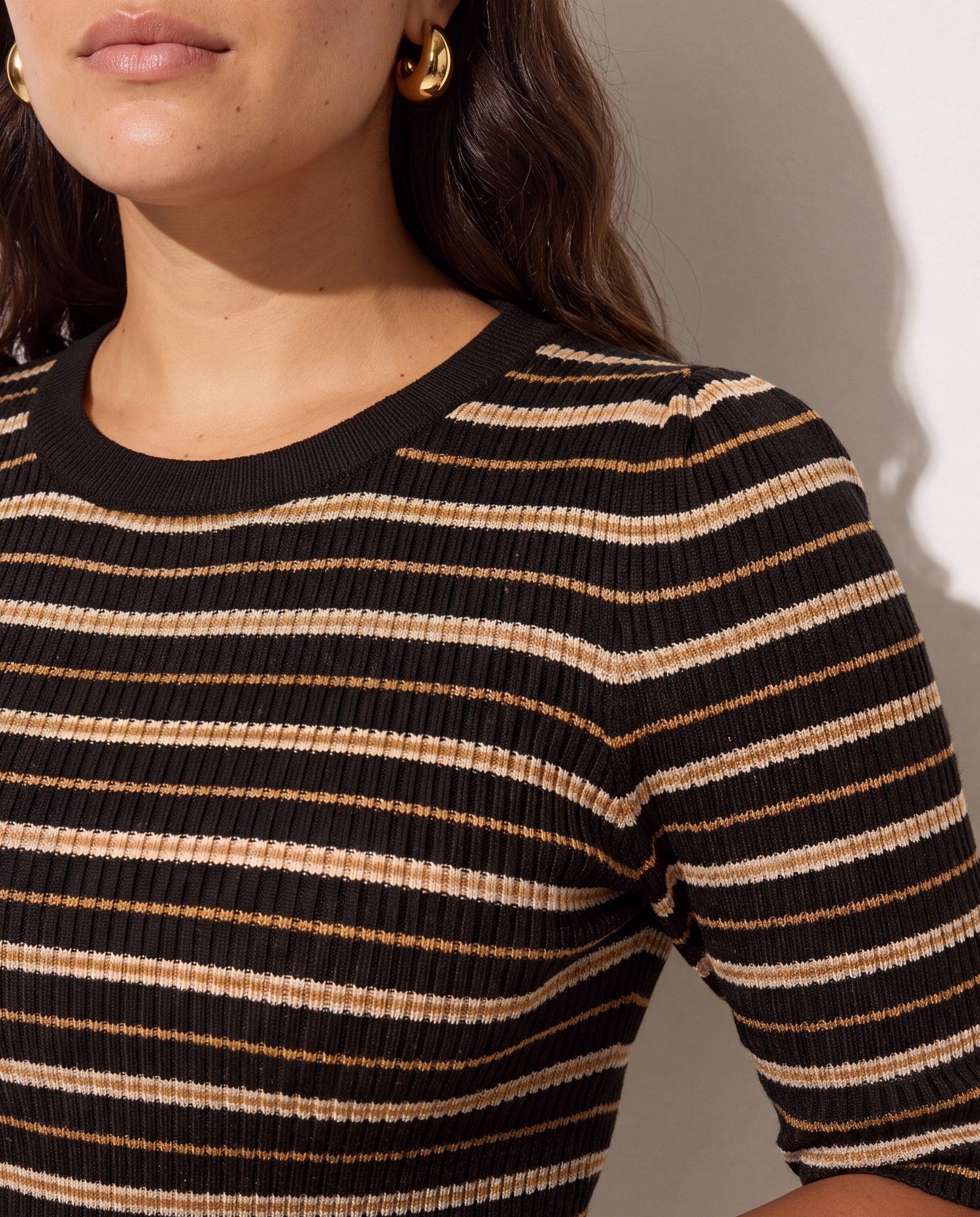 Black Stripe $|& SEAS Amelia Elbow Sleeve Striped Sweater Top - SOF Full Front