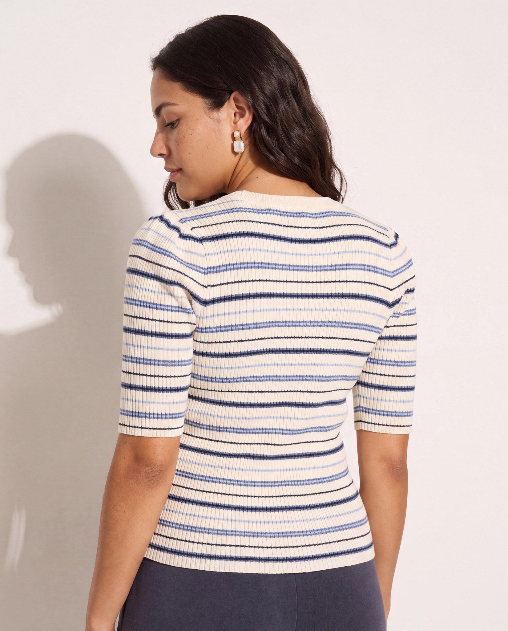 Cream Stripe $|& SEAS Amelia Elbow Sleeve Striped Sweater Top - SOF Back