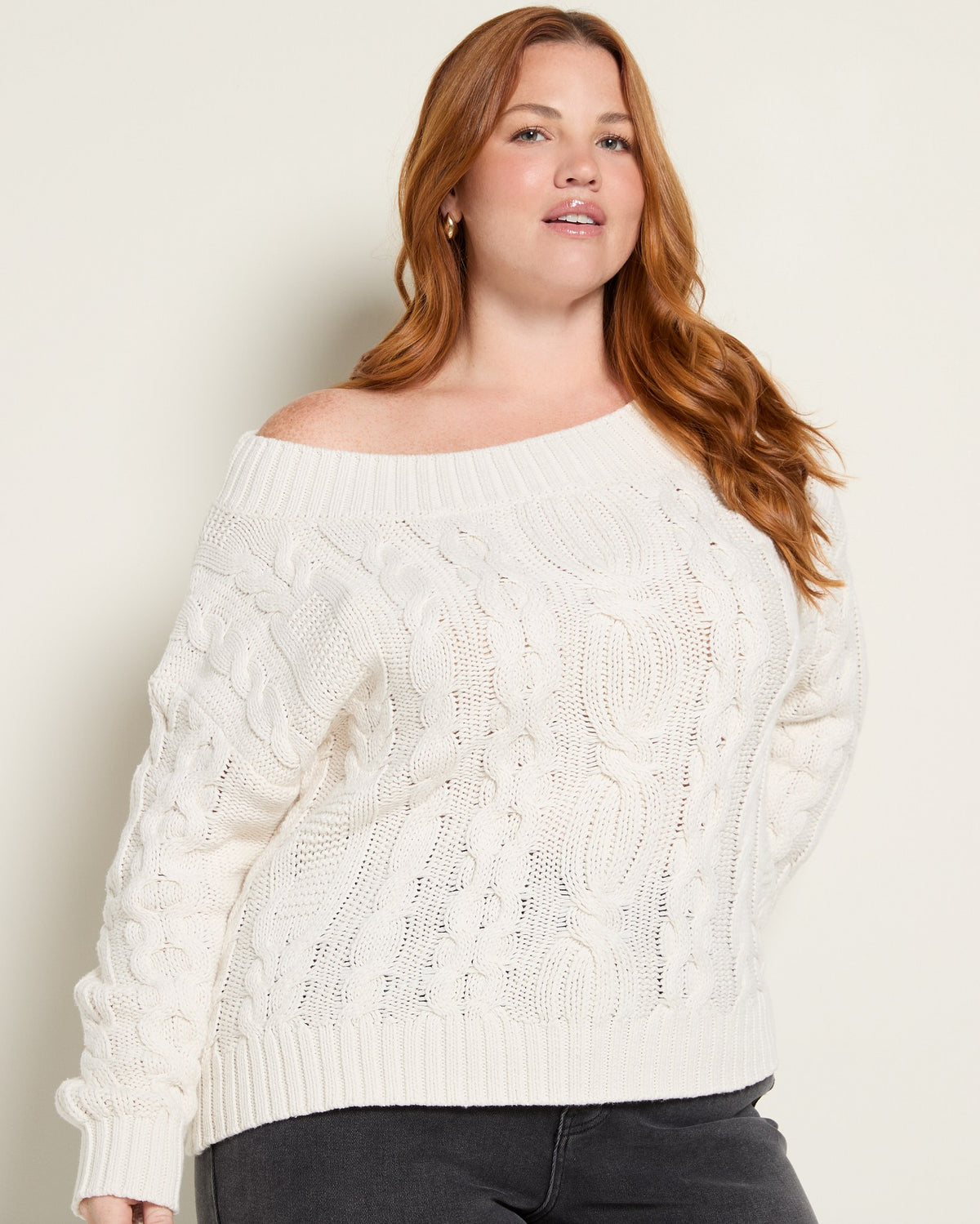 Cream $|& SEAS Delilah Off The Shoulder Cable Knit Sweater - VOF Front