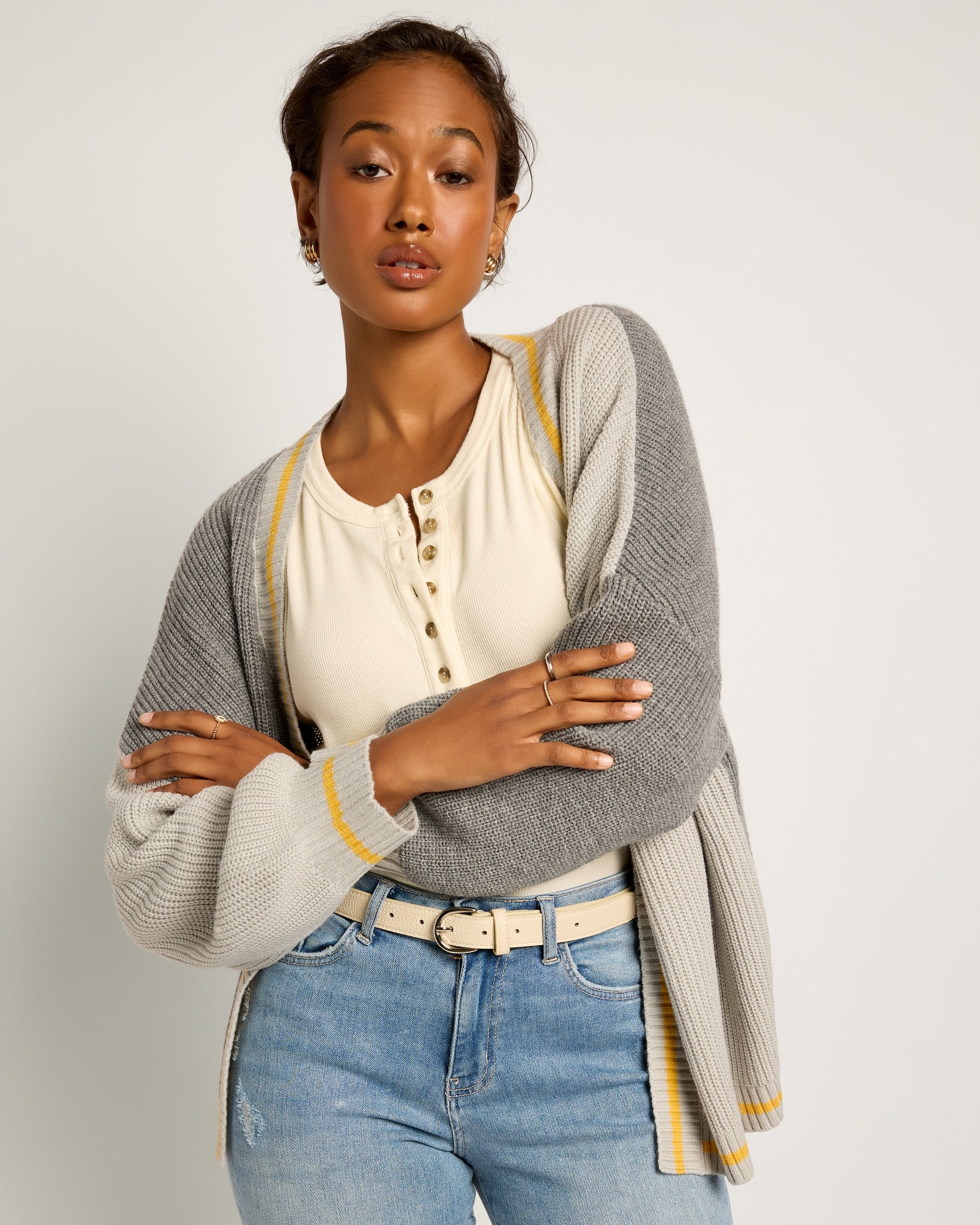 Heather Grey $|& SEAS Solstice Sun Colorblocked Cardigan - VOF Front