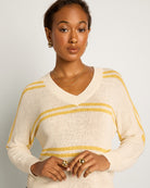 Cream/Saffron Stripe $|& SEAS Mila Striped V-Neck Sweater - SOF Full Front
