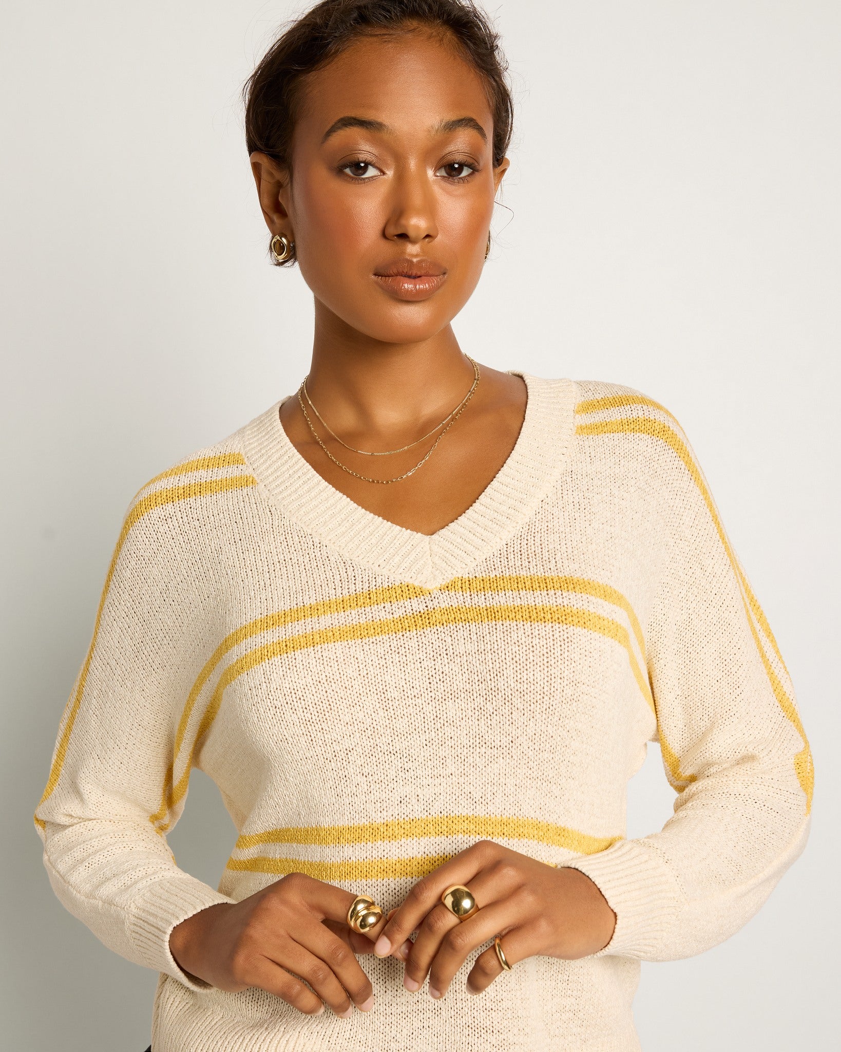 Cream/Saffron Stripe $|& SEAS Mila Striped V-Neck Sweater - SOF Full Front