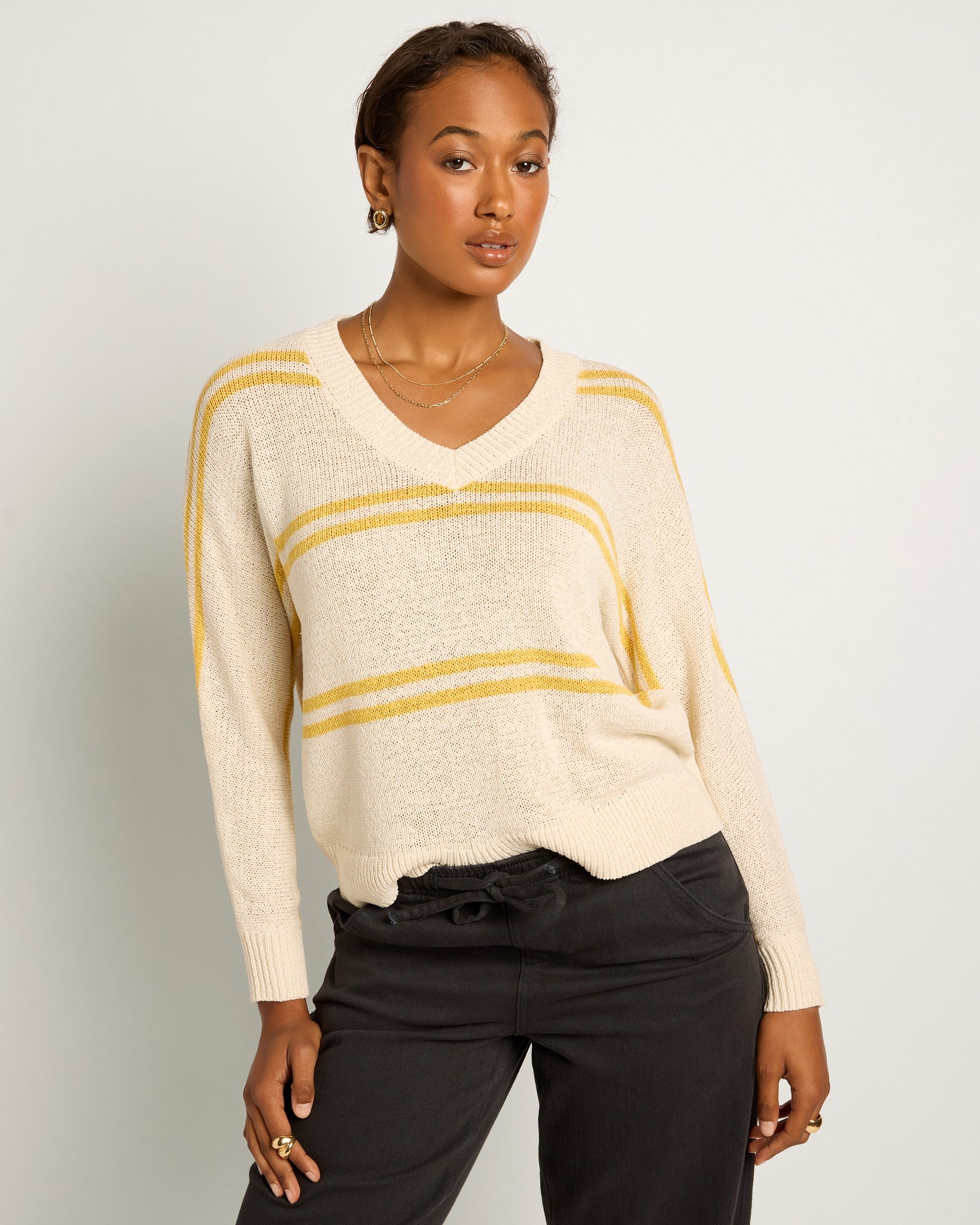 Cream/Saffron Stripe $|& SEAS Mila Striped V-Neck Sweater - SOF Front