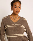 Ashwood/Grey Stripe $|& SEAS Mila Striped V-Neck Sweater - SOF Full Front