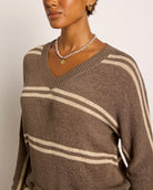 Ashwood/Grey Stripe $|& SEAS Mila Striped V-Neck Sweater - VOF Front