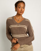 Ashwood/Grey Stripe $|& SEAS Mila Striped V-Neck Sweater - SOF Front
