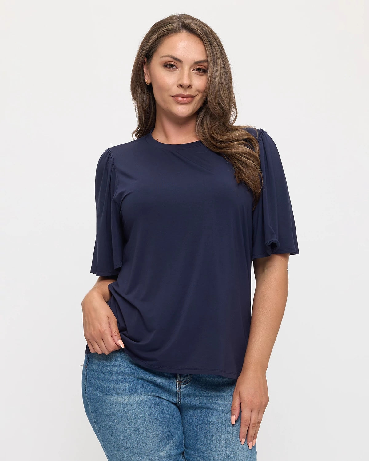 Navy $|& West Kei Knit Short Flutter Sleeve Top - VOF Detail