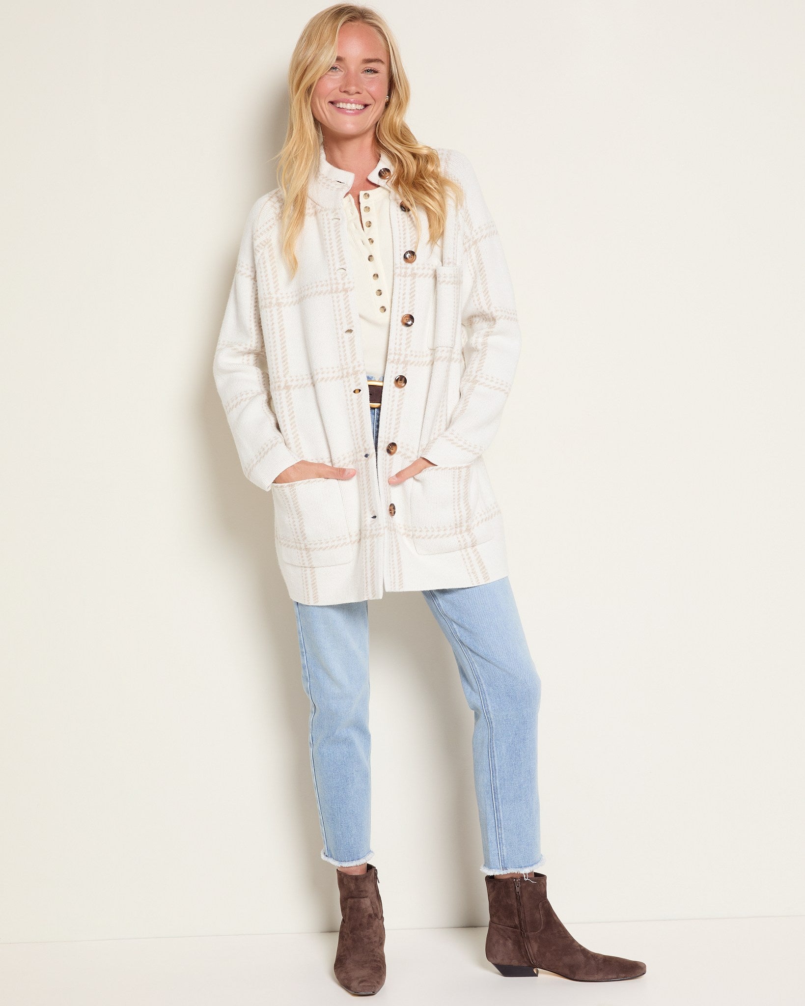 Cream Plaid $|& SEAS Riverbank Elongated Coatigan - UGC On Fig