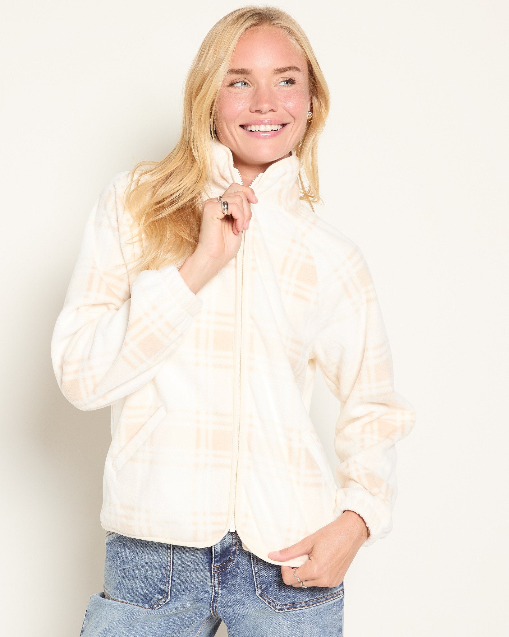 Cream Plaid $|& Herizon Printed Microfleece Jacket - SOF Front