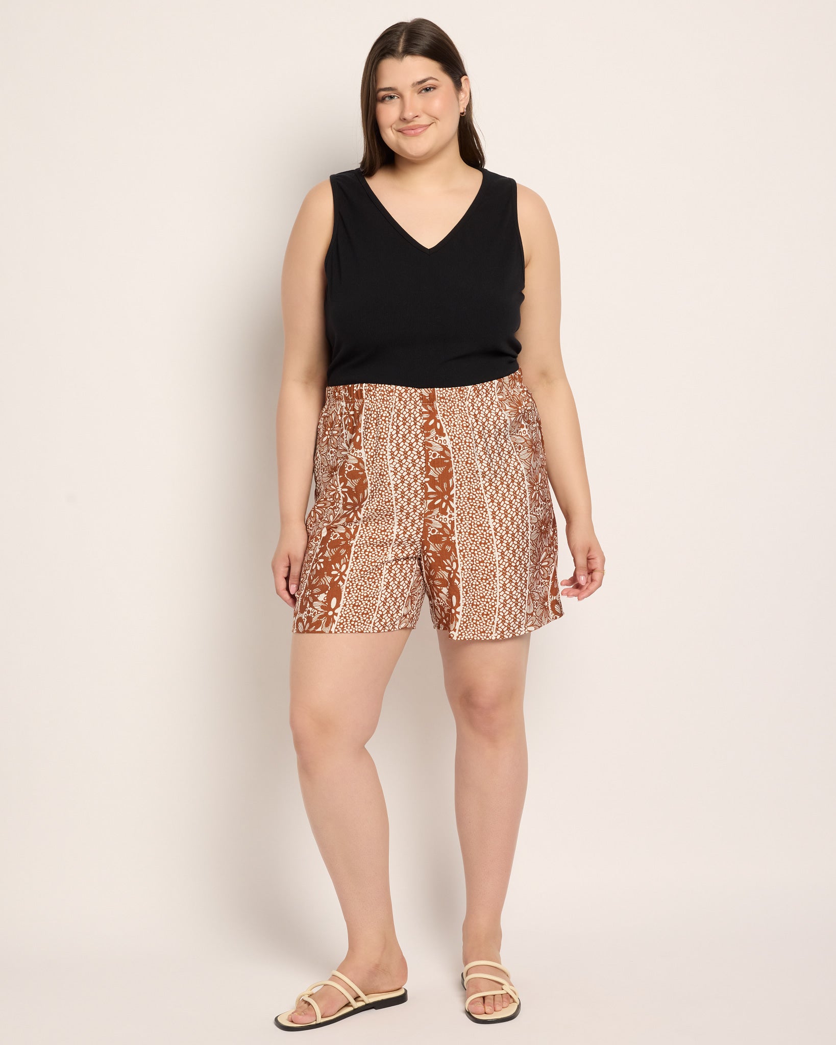Mocha/Off White $|& Loveappella Printed Woven Shorts - UGC On Fig