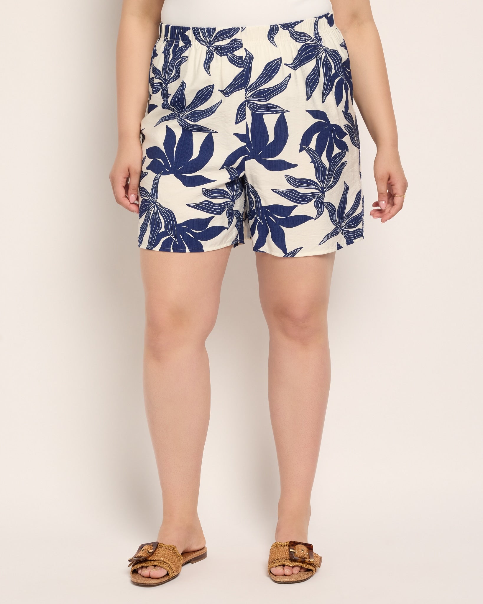 Ivory/Denim $|& Loveappella Printed Woven Shorts - SOF Front