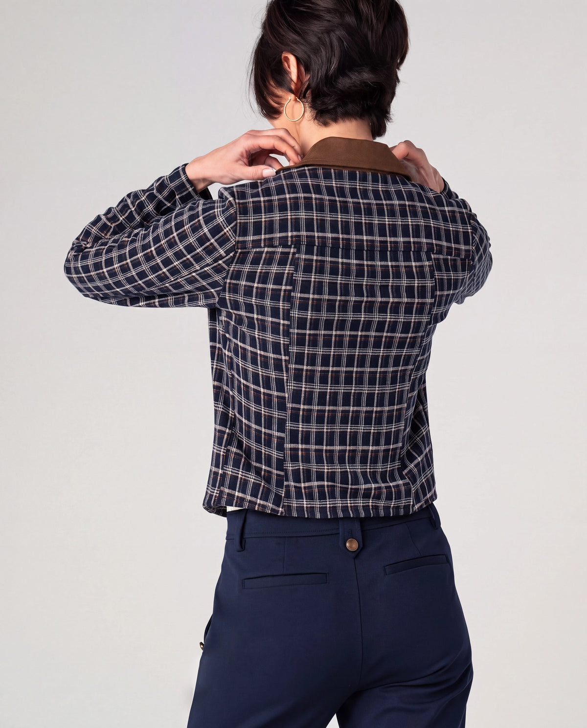 Navy/Multi Mini Tartan $|& Liverpool Cropped Knit Blazer - Hanger Side