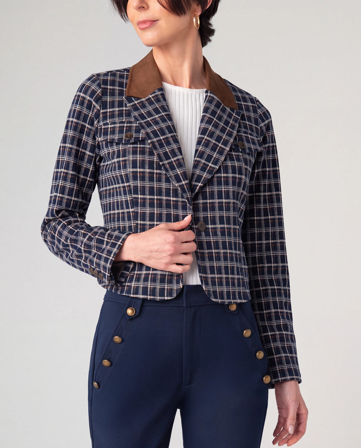 Navy/Multi Mini Tartan $|& Liverpool Cropped Knit Blazer - VOF Detail