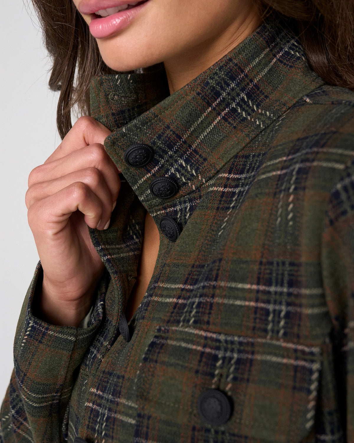 Olive/Multi Tartan Plaid $|& Liverpool Funnel Neck Field Jacket - Hanger Back