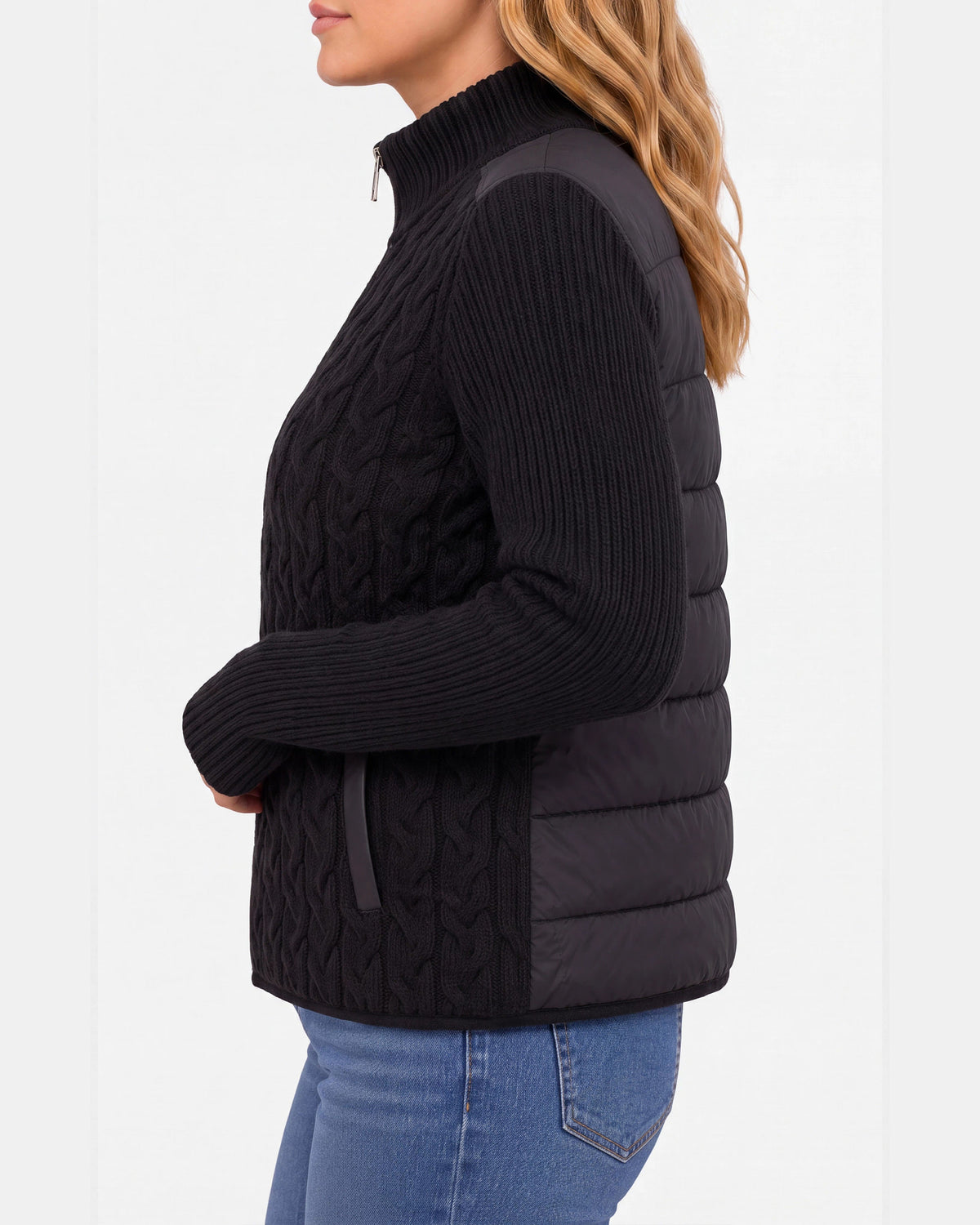 Black $|& Liverpool Zip Front Quilted Sweater Jacket - Hanger Front