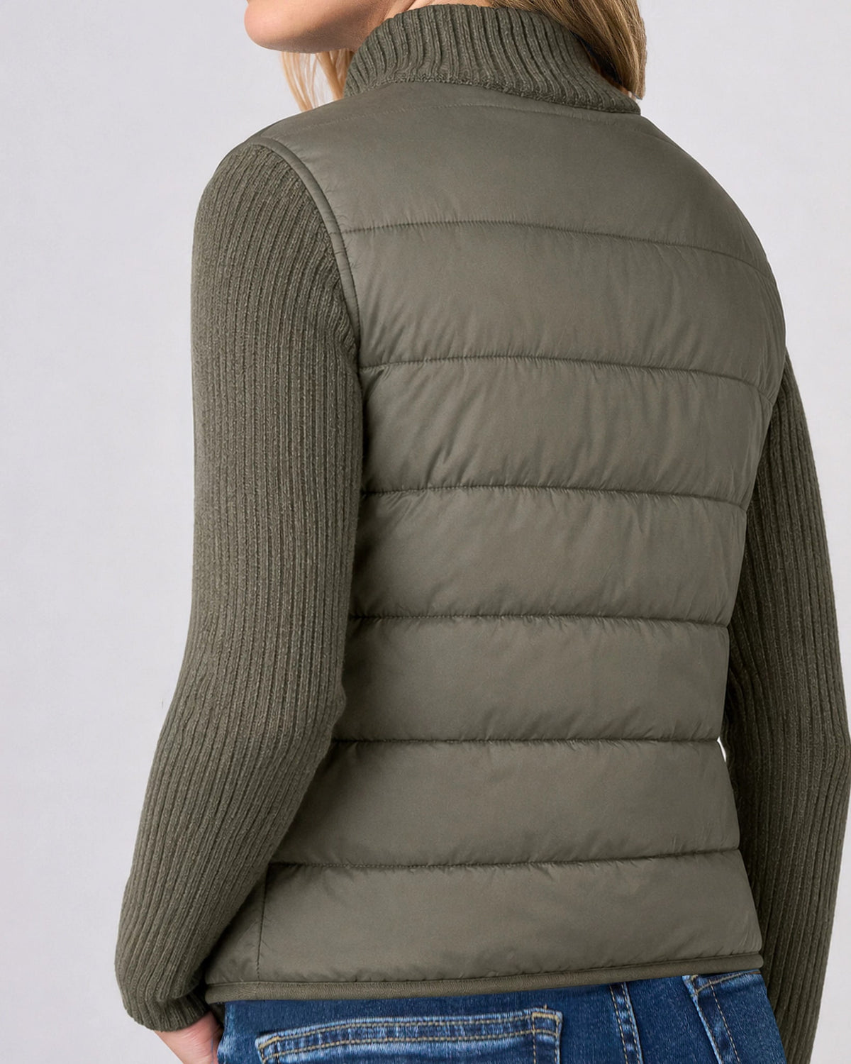 Heather Olive $|& Liverpool Zip Front Quilted Sweater Jacket - Hanger Side