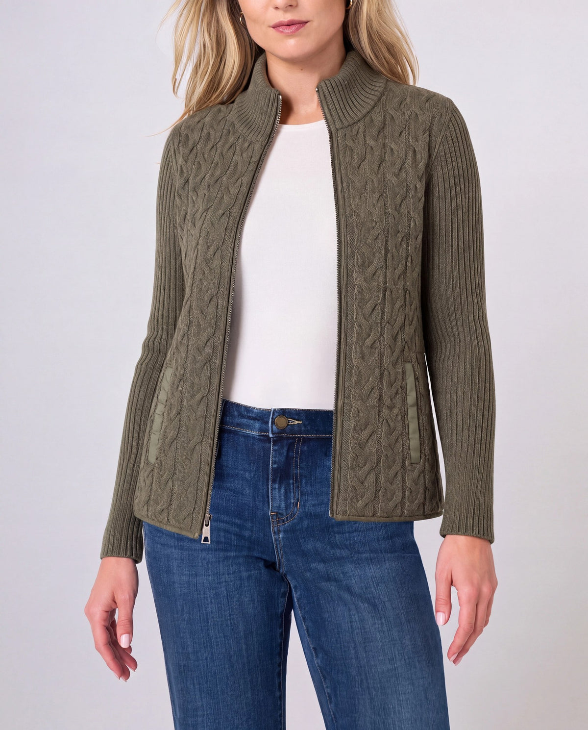 Heather Olive $|& Liverpool Zip Front Quilted Sweater Jacket - VOF Detail