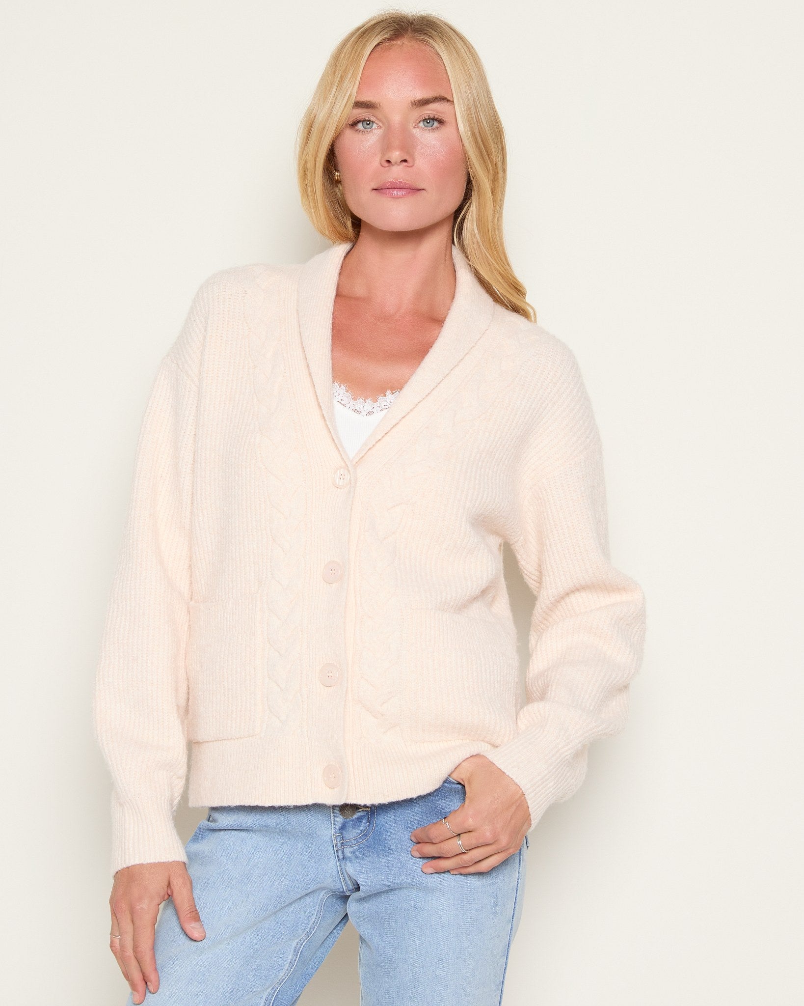 Heather Cream $|& SEAS Janey Cable Knit Cardigan - VOF Front