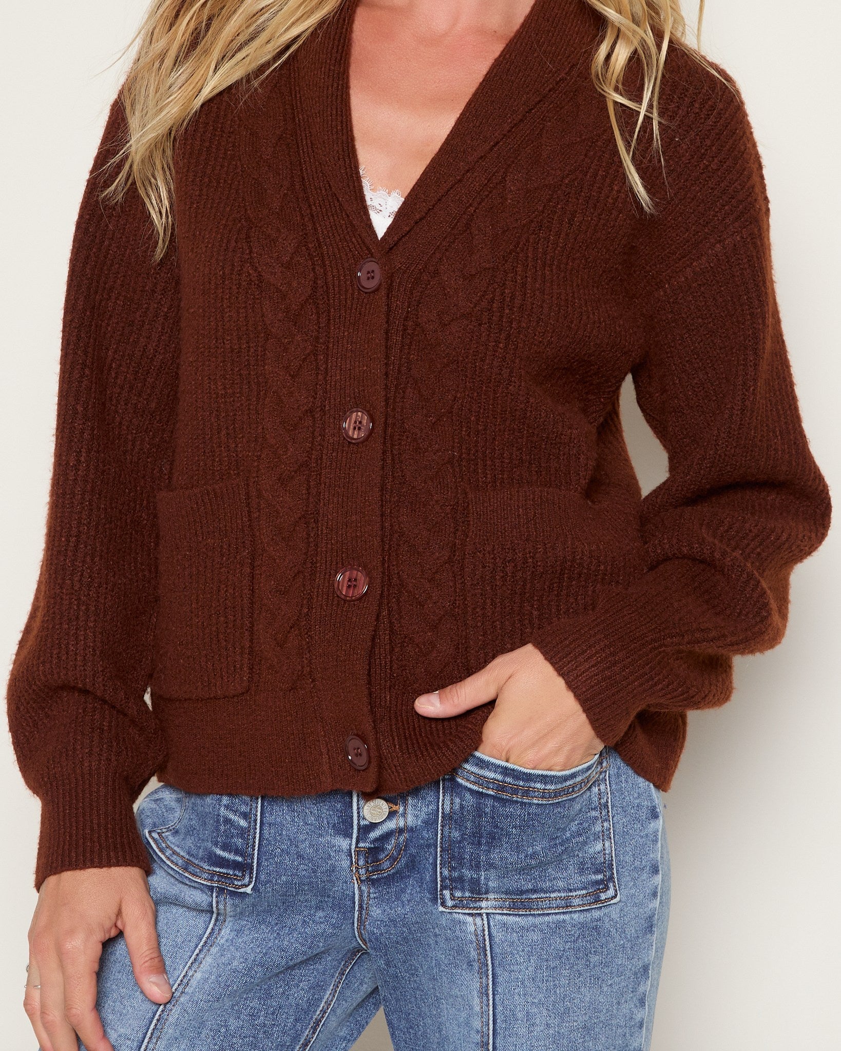 Heather Walnut $|& SEAS Janey Cable Knit Cardigan - SOF Full Front