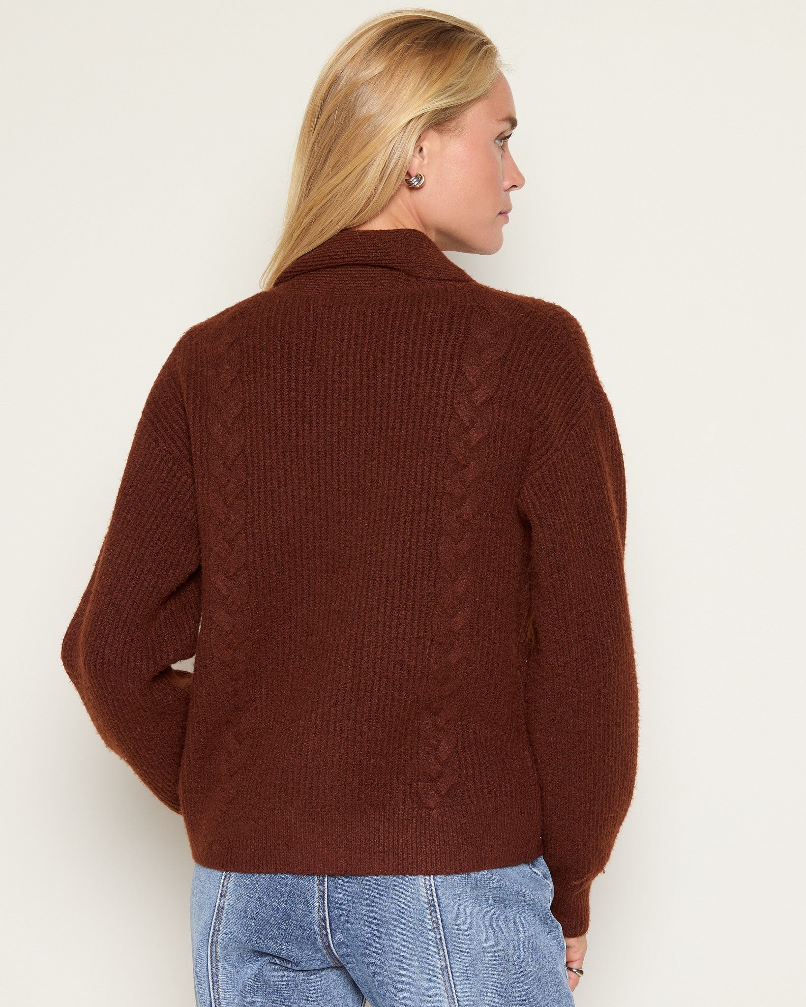 Heather Walnut $|& SEAS Janey Cable Knit Cardigan - SOF Back