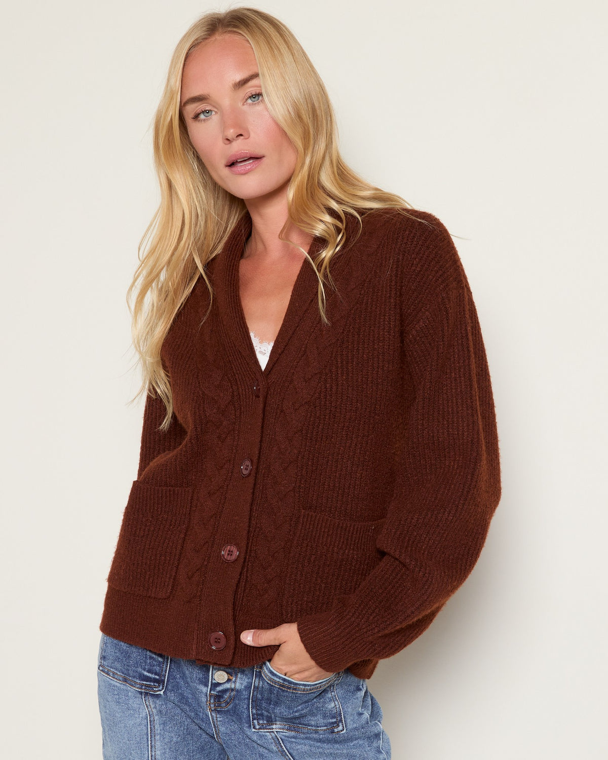Heather Walnut $|& SEAS Janey Cable Knit Cardigan - SOF Front