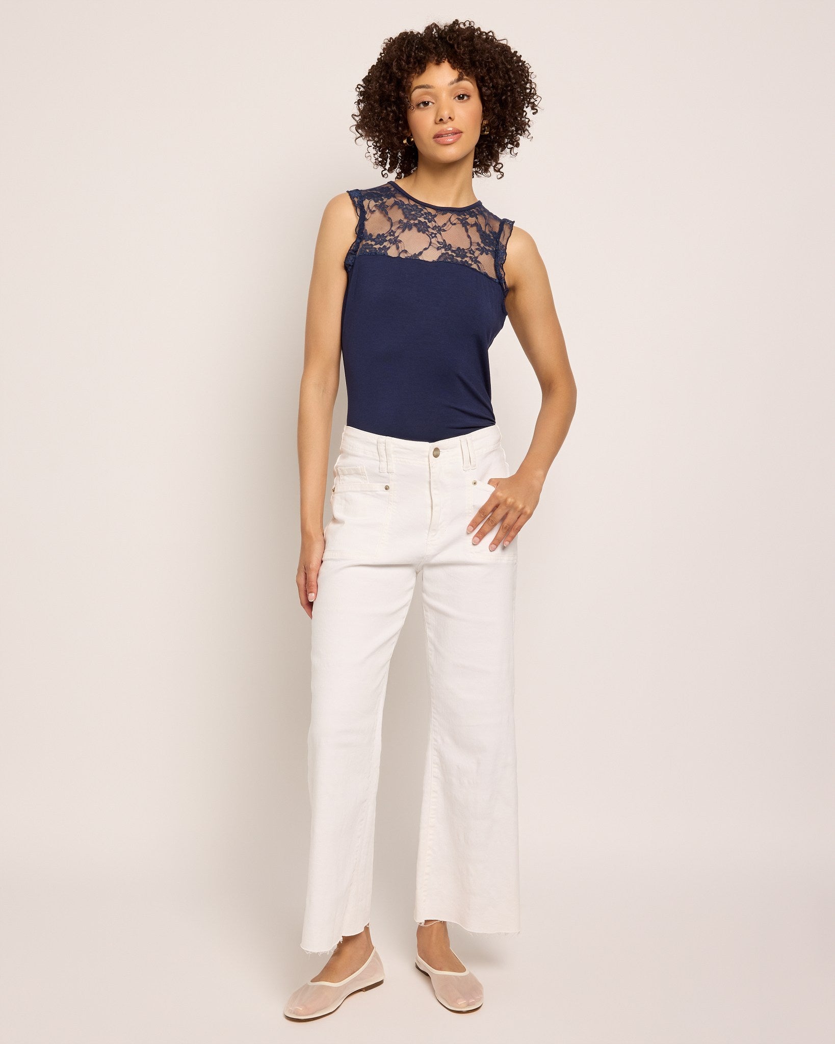 Navy $|& Loveappella Mesh Dot Front Top - UGC On Fig