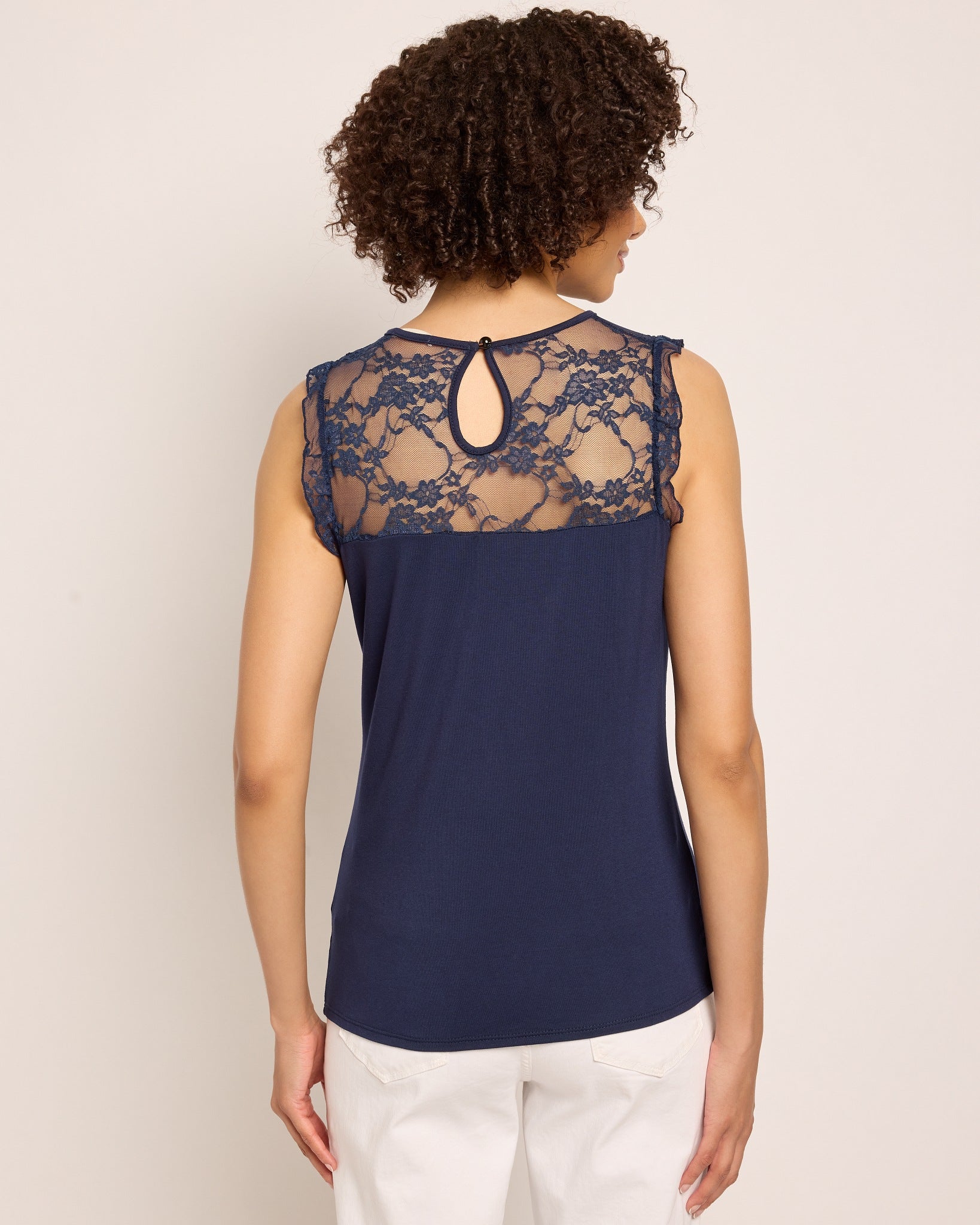 Navy $|& Loveappella Mesh Dot Front Top - SOF Back