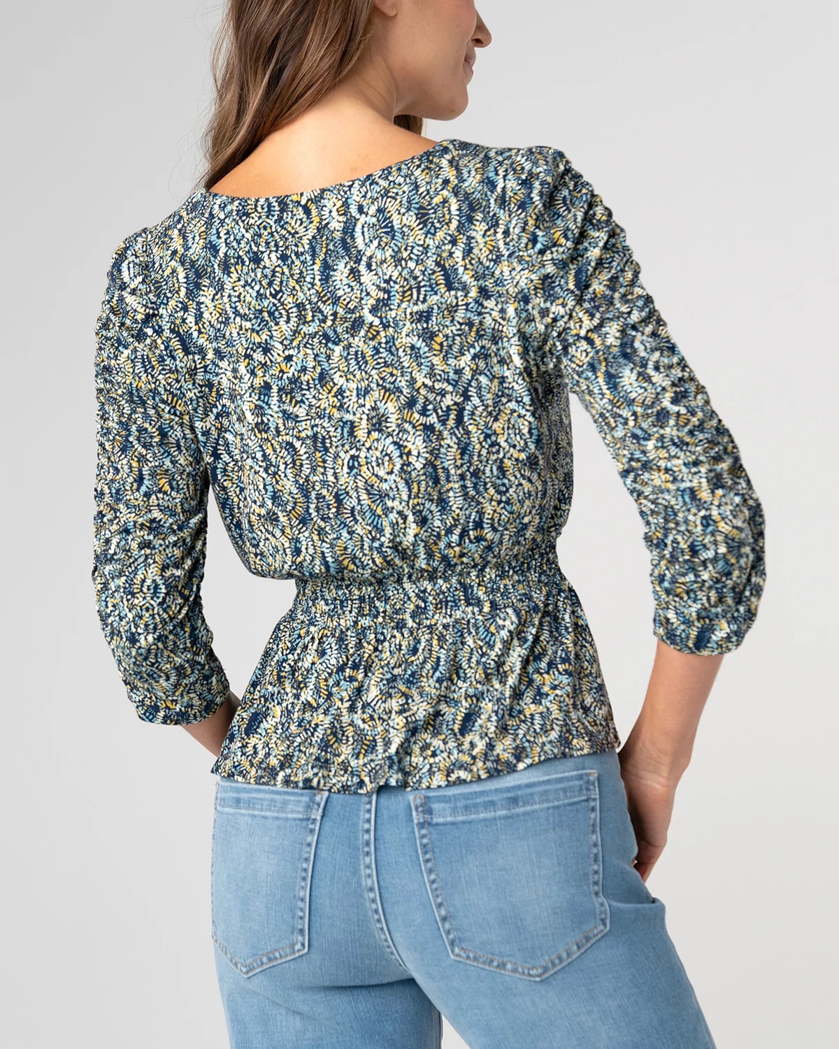 Navy Gold Multi $|& Liverpool 3/4 Ruched Sleeve V-Neck Knit Top - Hanger Side