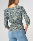 Navy Gold Multi $|& Liverpool 3/4 Ruched Sleeve V-Neck Knit Top - Hanger Side