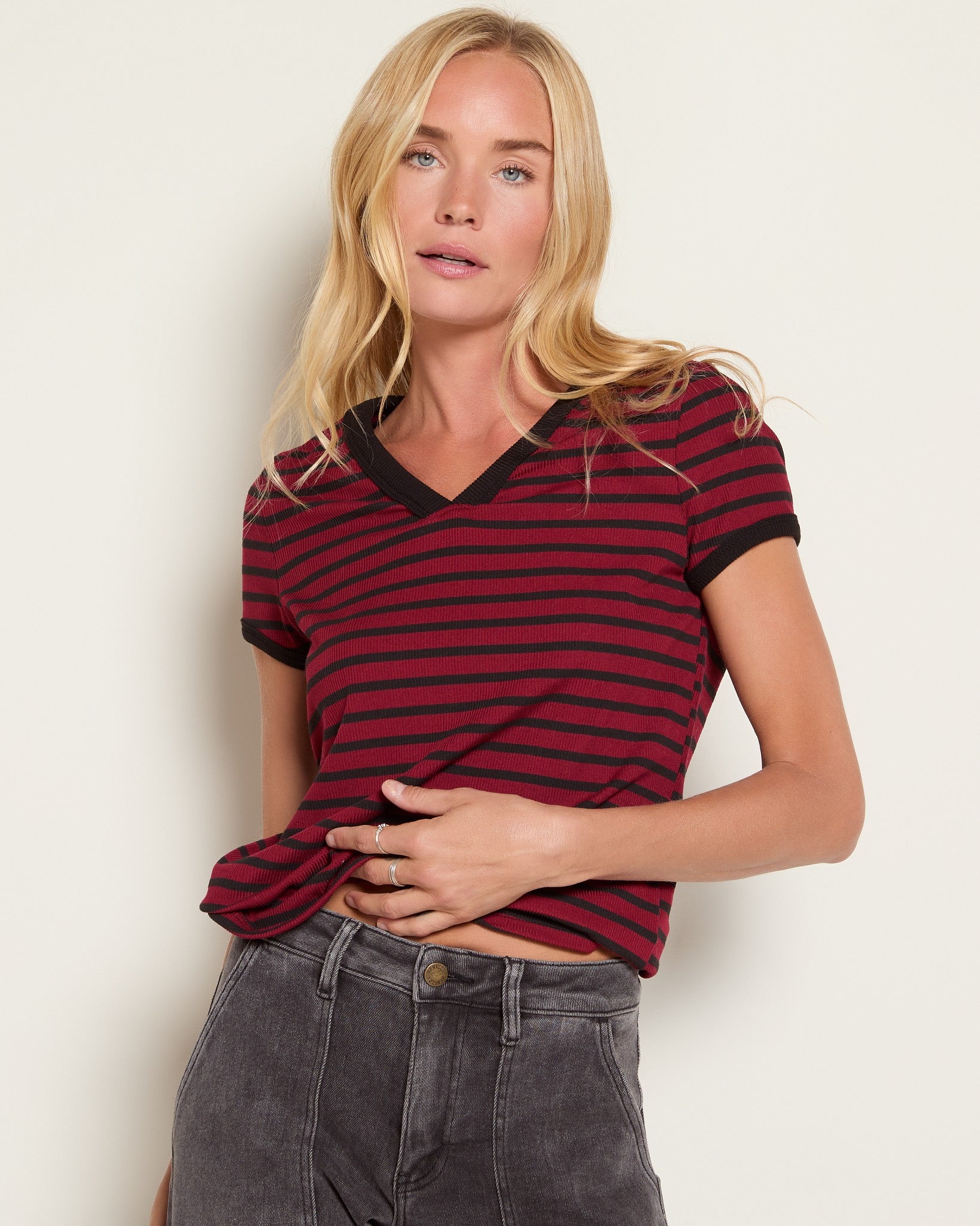Wine/Black $|& Herizon Sora Stripe Tee - SOF Front