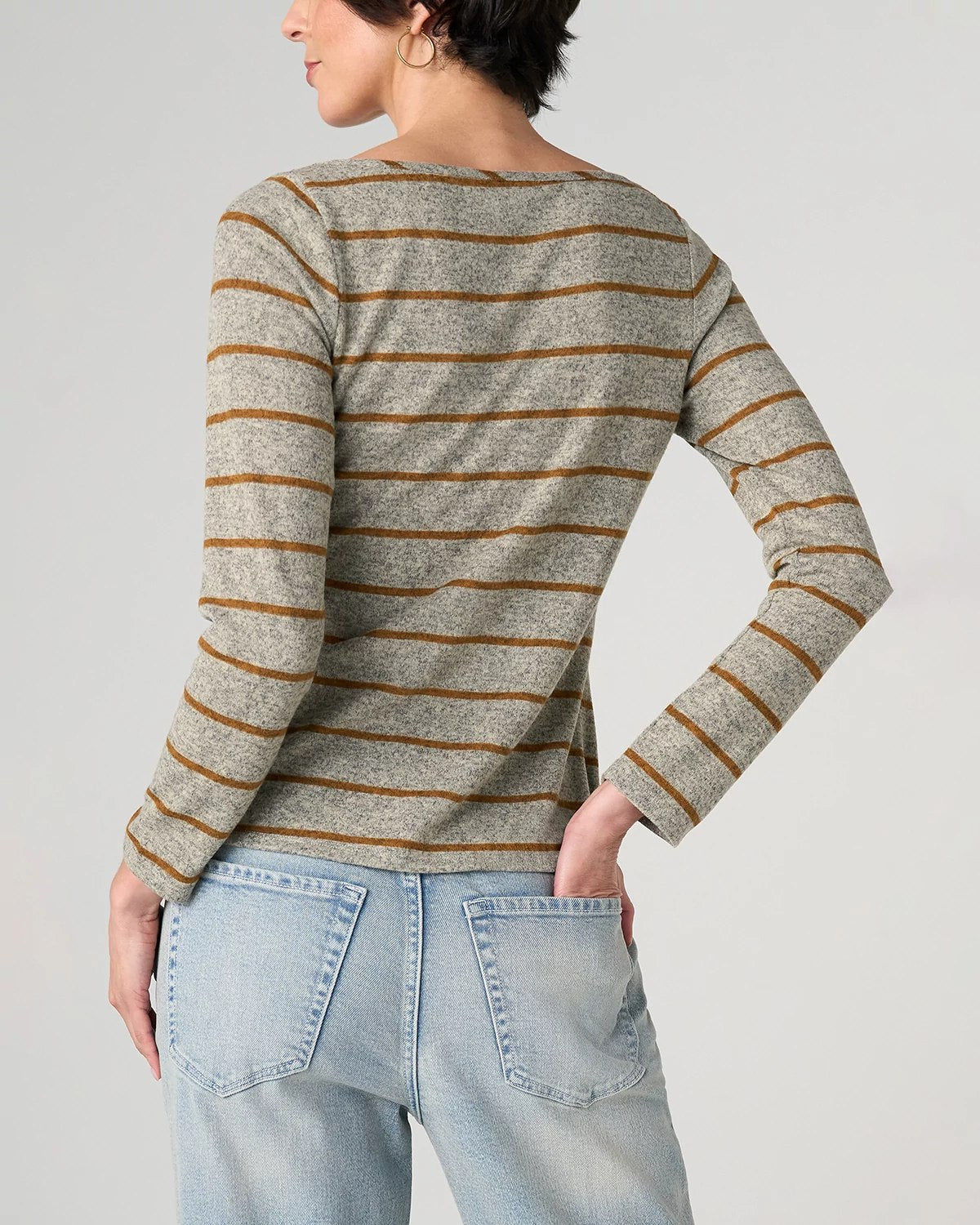 Heather Grey Yellow Stripe $|& Liverpool Boatneck Knit Top with Twist Detail - Hanger Side