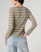Heather Grey Yellow Stripe $|& Liverpool Boatneck Knit Top with Twist Detail - Hanger Side