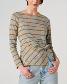 Heather Grey Yellow Stripe $|& Liverpool Boatneck Knit Top with Twist Detail - VOF Detail