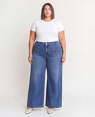 Medium Wash $|& Mica Denim Super High Rise Wide Leg Jean With Double Button - VOF Detail