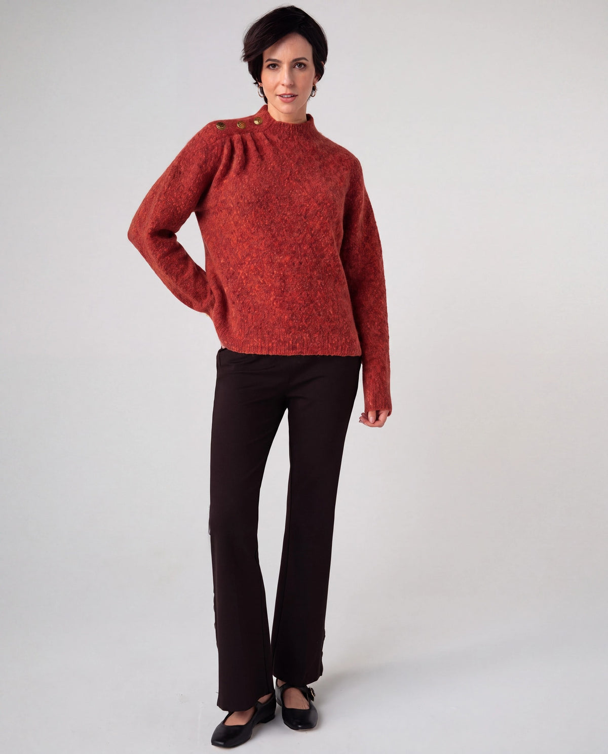 Rust Multi $|& Liverpool Long Sleeve Mock Neck Sweater with Buttons - VOF Detail