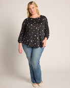 Cream/Black Dottie Floral $|& Bobeau 3/4 Cinch Sleeve Babydoll Top - UGC On Fig