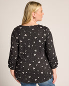 Cream/Black Dottie Floral $|& Bobeau 3/4 Cinch Sleeve Babydoll Top - SOF Back